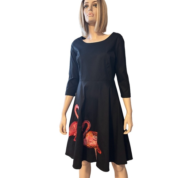 Sucrefas Dress Black ¾ Sleeve Vintage Inspired Flamingo appliqué Circle Skirt - Picture 2 of 14